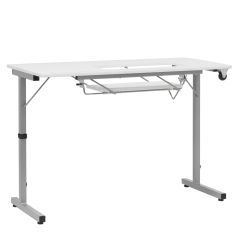 **-Folding Sewing Table-** White Top with Silver Legs, Sewing Machine Table with Adjustable Platform, Folding Legs for Easy Storage and Transport Wheels, Quilting/Craft Table/Gaming/Computer Desk ##-Sewing Online 196100-##