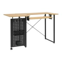 **-Sewing Table with Fold-out Storage Panel-** Wood/Black Legs, Sewing Machine Table with Adjustable Platform, Drop Leaf Extension, Storage Hooks and Baskets, For Quilting and Craft ##-Sewing Online 196101-##